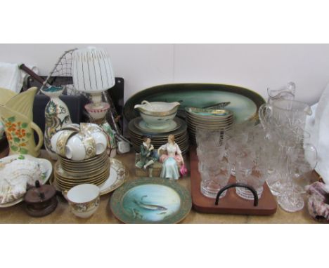 A Meito fish painted part dinner service, together with a Noritake part tea set, crystal drinking glasses, table lamp, fishin