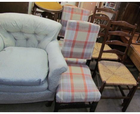 A 19th century upholstered arm chair together with a pair of ladder back bedroom chairs, another pair of chairs, a tea trolle