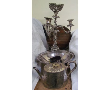An electroplated candelabra/centrepiece together with a tray, electroplated petal dish, teapot, champagne tap etc