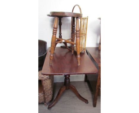 A 19th century mahogany tripod table together with an elm seated stool, modern wine table and a bamboo corner shelf