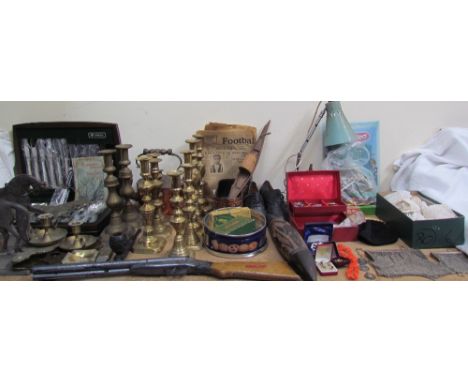 An Oneida cased part flatware service together with horse doorstops, brass candlesticks, copper kettle, toy shotgun, pipe, li