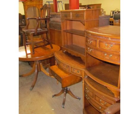 A yew extending dining table together with a standing corner cupboard, bookcase, side table, wine table, elbow chair and a pa