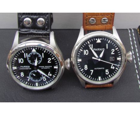 A Parnis Chronometer with a black dial on a black leather strap together with another Parnius automatic wristwatch