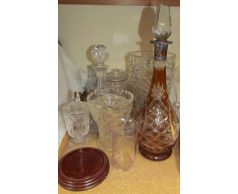 An amber glass and white metal mounted decanter together with glass vases, decanter etc