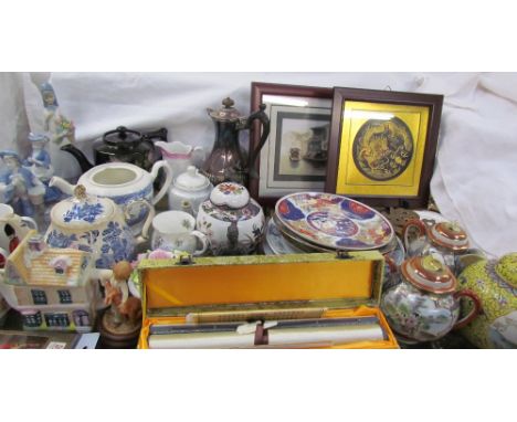 A Chinese porcelain ginger jar and cover together with assorted plates, scroll, teapots, figures, pictures etc