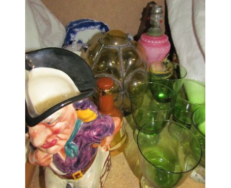 A metronome together with a sailor character jug, drinking glasses, blue and white pottery etc