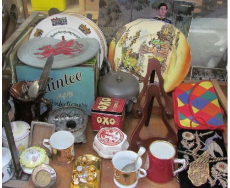 A clay pits Ewenny "Llaeth" jug together with a Poole pottery preserve pot and cover, jug, mugs, pitcher, lamps, etc