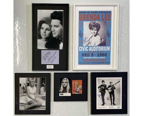 Five mounted, framed and glazed displays - each with a signed item. Signatures to inc: Peter and Gordon, Petula Clark, France