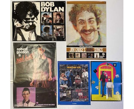 Five c 1970s/80s posters to inc: Bob Dylan CBS discography poster (22.5 x 30"), Fleetwood Mac 1975 Warner Bros poster (17x22"