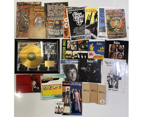 An assortment of Beatles memorabilia to inc: limited edition tribute gold disc display (59x45cm), three boxed officially lice