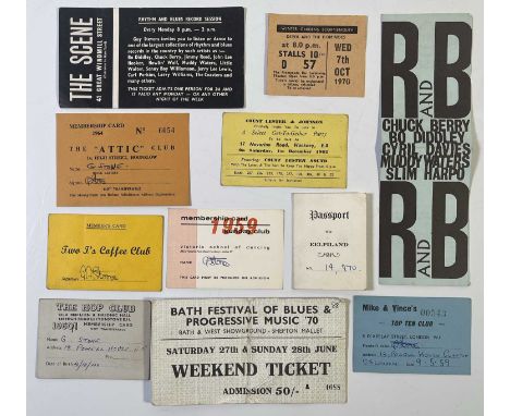 11 assorted c 1960s membership cards, tickets etc to inc 1970 Bath Festival weekend ticket, 1970 Derek and the Dominos ticket