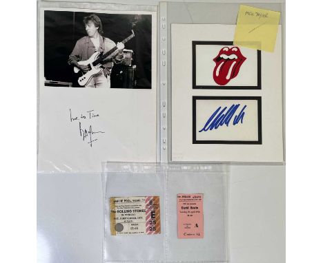A printed page (approx A4) signed to lower half with inscription by Bill Wyman,a card signed by Mick Taylor, a 1973 Empire Po