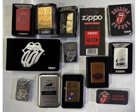 Ten Zippo lighters all unstruck - to inc limited edition examples, commemorative inc Rolling Stones 'Forty Licks', Gretsch, 2