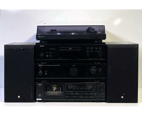 A collection of Hifi equipment to include a Pioneer PL-30 turntable, a Denon DCD-1550AR CD player, a Denon PMA-350SE amplifie