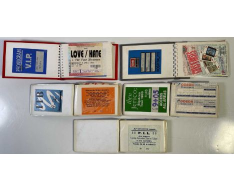Six albums containing approx 159 assorted ticket stubs, stage/access passes for concerts and events c 1980s/90s. Artists to i