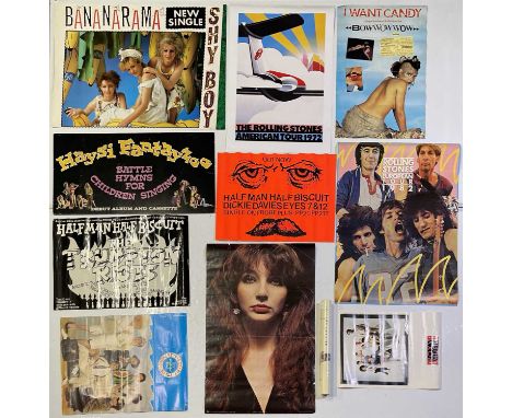 11 posters and a shop display board to inc: Bananarama, Bow Wow Wow, Rolling Stones (reproduction 1972 poster), Half Man Half