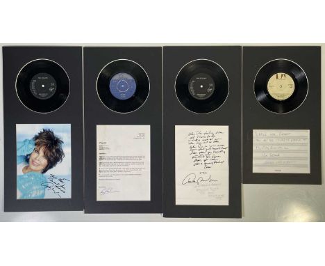 Four mounted presentations to inc a 7" single mounted above a signed item / note. To inc: Reg Presley signed 'Wild Thing' let