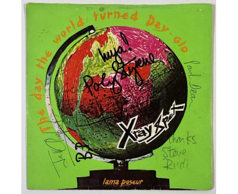 A copy of X-Ray Spex - Lama Poseur (INT 553, orange) signed to sleeve by Poly Styrene, Stve Rudi, Jak Airport, BP Hurding, Pa