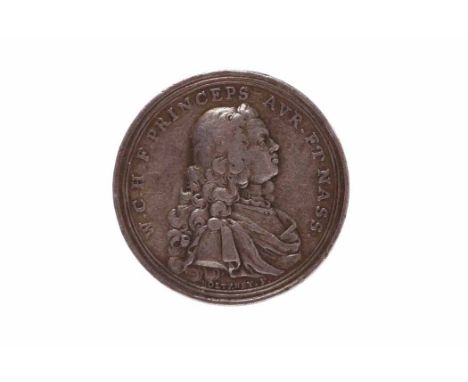 RARE RECOVERY OF WILLIAM, PRINCE OF ORANGE COMMEMORATIVE COINby M Holtzhey, 1734, the obverse with bust of William of Orange 