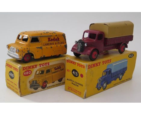 Dinky Die Cast Toys _ 413 Austin Covered Wagon(model gd., box poor) and 480 Bedford Kodak Van (model playworn, box gd.) 