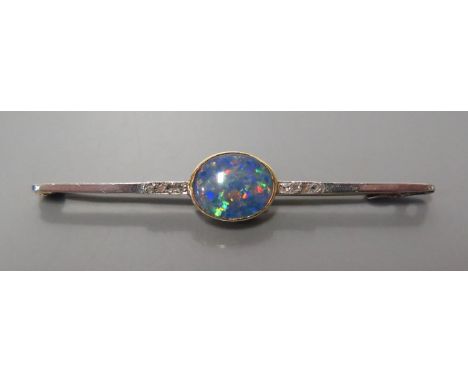 A 15ct Gold, Black Opal and Rose Cut Diamond Bar Brooch, 5.5cm, 3g 