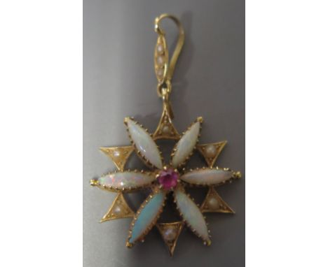 A 15ct Gold, Opal, Ruby and Seed Pearl Pendant, 2.4g, 24mm diam.