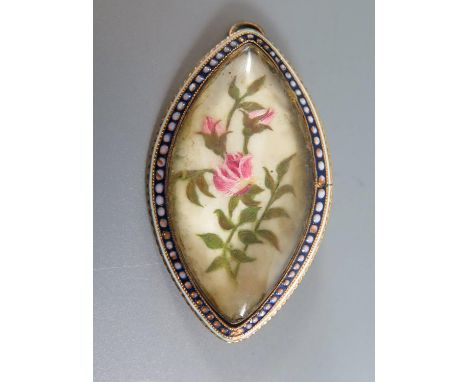 An Early 19th Century Gold and Enamel Brooch set with  floral miniature, 40 x 22mm 