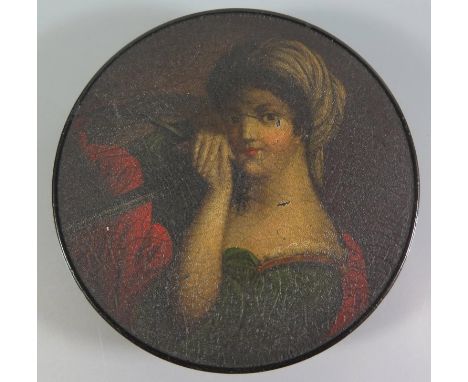 A Papier Mache Snuff Bow with hand painted portrait of  a lady, 18th/19th century 