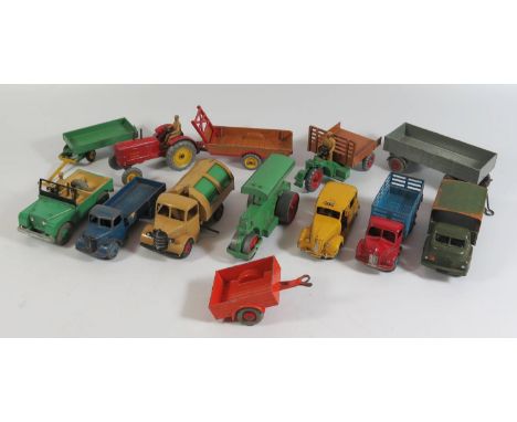 Dinky Die Cast Toys _ including 300 Massey-Harris Tractor with trailer, Dodge stake truck etc 