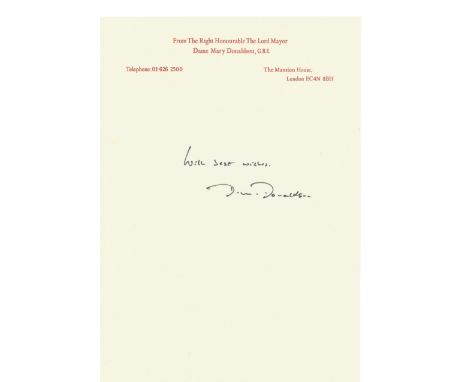 Lord Mayor Dame Mary Donaldson GBE, first woman to become Lord Mayor. Signature on Lord Mayor headed paper and includes magaz