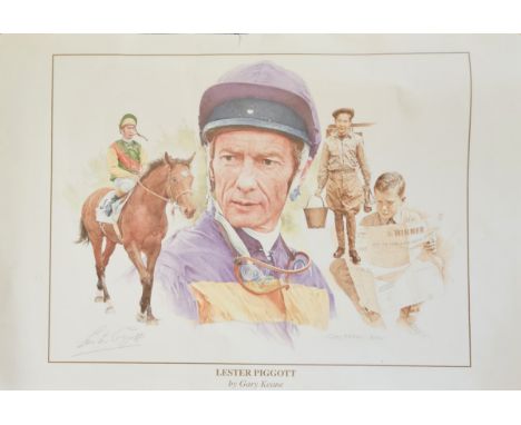 Lester Piggott signed 14x20 colour montage print. Good condition. All autographs are genuine hand signed and come with a Cert