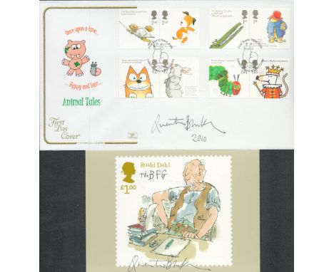 Quentin Blake, two original signed items: a 6x4 official Roald Dahl BFG unused postcard. Plus, a Cotswold Covers Animal Tales