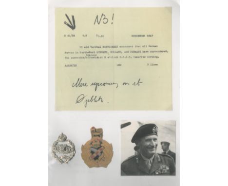 WW2. Field Marshall Montgomery's Metal 'Fear Naught' Army Hat Badge. Included is a COPY of Instrument of Surrender of all Ger