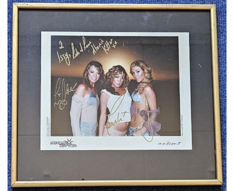 Multi signed Liz Mcclarnon, Jenny Frost & Natasha Hamilton colour photo 10x8Inch mounted in a gold frame overall size 14x12.5