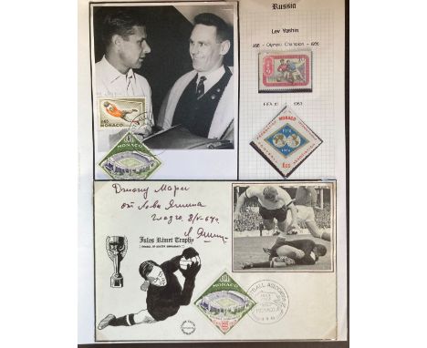 Lev Yashin football Russian legend signed 1963 World Cup FDC, set on A4 page with corner mounts with stamps and other portrai