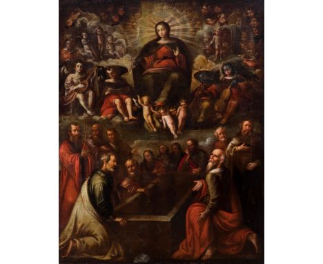 Spanish school of the second half of the seventeenth century."The Assumption of the Virgin".Oil on canvas. Relined.Needs rest