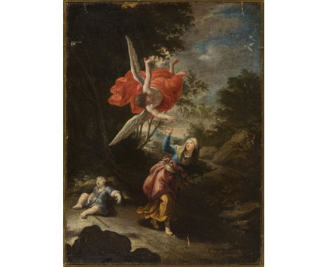 Spanish School, XVII century."The angel and the shepherdess".Oil on canvas.Needs restoration and cleaning.Measurements: 76 x 