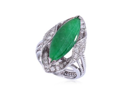A TYPE A JADEITE AND DIAMOND RING
Featuring a marquise cabochon Type A jadeite piece measuring approximately 21.8 x 8.02 x 2.