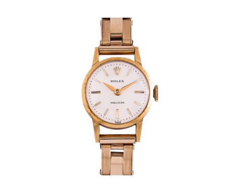 A ROLEX GOLD LADIES PRECISION BRACELET WATCH
Ref. 9168, case no. 196378, circa 1960s
Circular 9k gold case, cream dial with b