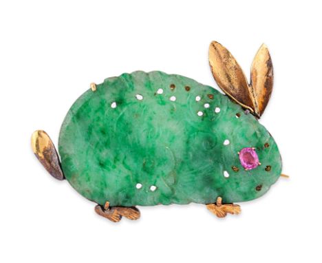 A JADE AND PASTE 'RABBIT' BROOCH BY FENG XIANG Featuring a jade piece mounted in a yellow gold setting marked 'Feng Xiang' fo