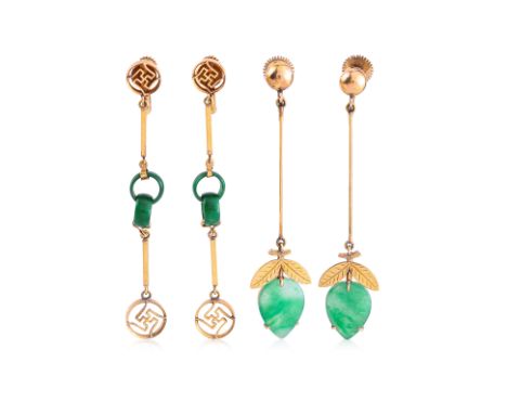 TWO PAIRS OF JADE SCREW BACK EARRINGS
To include a pair of 'swatiska' earrings mounted in unmarked yellow gold, and another p