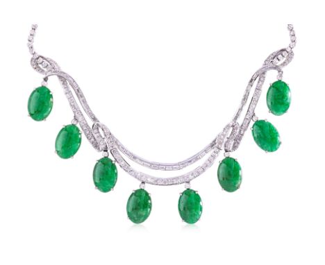 A TYPE A JADEITE AND DIAMOND NECKLACE Featuring eight type a jadeite cabochons measuring approximately 14.35 x 10.15 x 2.50mm