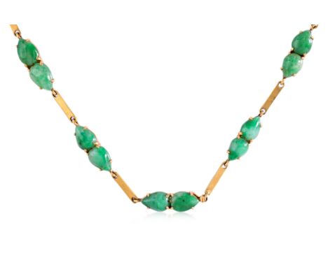 A JADEITE CHOKER
Featuring pear cabochon jadeite pieces mounted in a yellow gold setting with Chinese marks, including 'Rui B