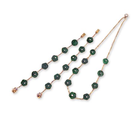 A GROUP OF JADE AND SEED PEARL JEWELLERY
To include a necklace and two bracelets, featuring inlaid jade pieces topped with se