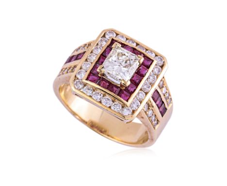 A DIAMOND AND RUBY RING
Featuring a radiant cut diamond weighing approximately 0.80 Cts, mounted in a yellow gold setting mar