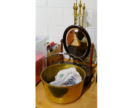 19th century toilet mirror, brass jam pan and fire tools