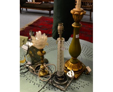 Four table lamps including an Art Deco style lamp, a glass lamp, a gilt lamp and a green and gilt lamp 