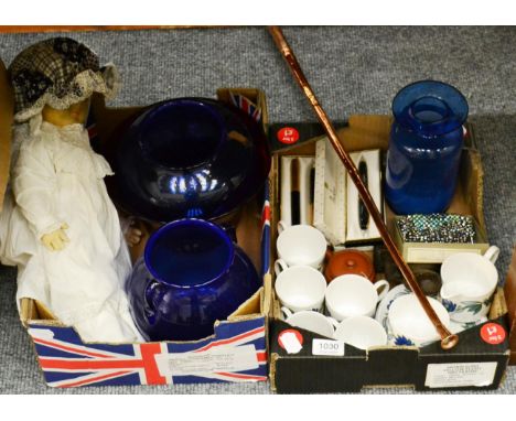 Three Parker pens, a paste set evening purse, North African carving, Bristol glass, doll, Susie Cooper teaset etc 