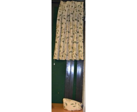 Pair of fully lined and interlined curtains,embroidered with silver/cream peony heads and teal leaves upon a cream ground, 16