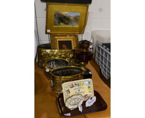 A Victorian brass oil lamp with ruby glass reservoir; three brass planters; a Victorian oil portrait of a girl; and four cera